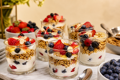 Focused parfait bar with yogurt, berries, granola, and toppings
